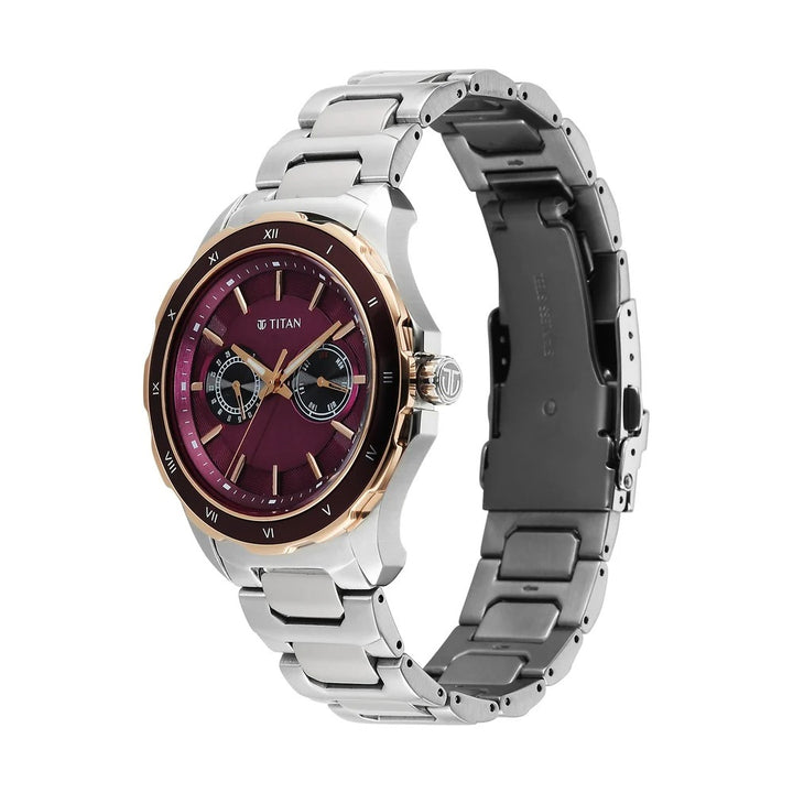 Titan Regalia Opulent 43mm Maroon Dial Day Date Multifunction Stainless Steel Bracelet Men&
