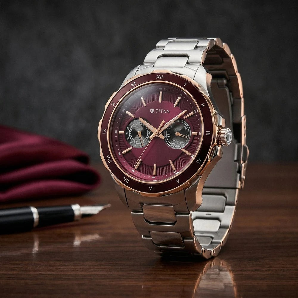Titan Regalia Opulent 43mm Maroon Dial Day Date Multifunction Stainless Steel Bracelet Men&