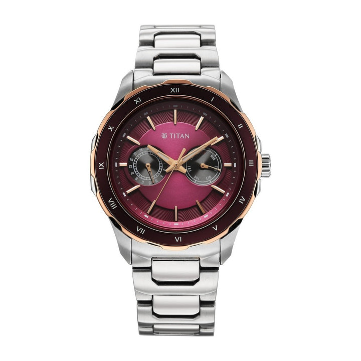 Titan Regalia Opulent 43mm Maroon Dial Day Date Multifunction Stainless Steel Bracelet Men&