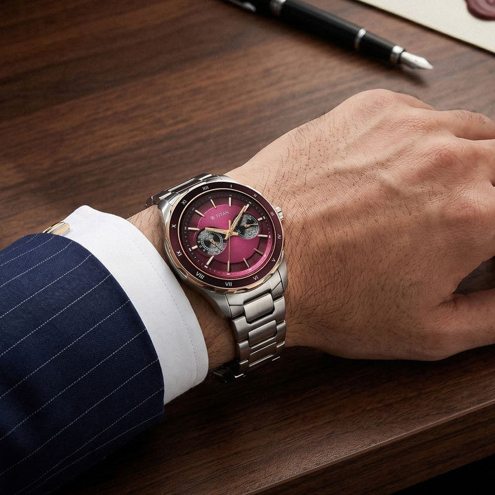 Titan Regalia Opulent 43mm Maroon Dial Day Date Multifunction Stainless Steel Bracelet Men&
