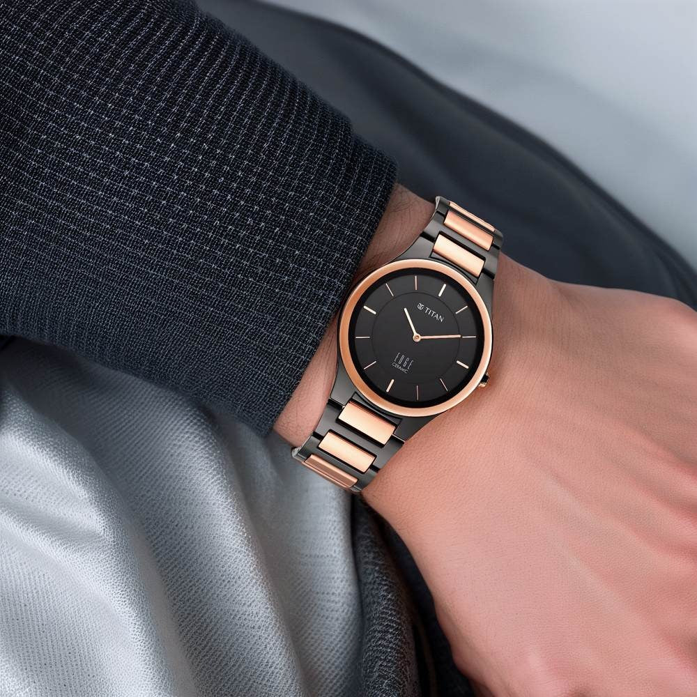Titan Edge Ceramic 40.5mm Black Dial Sapphire Crystal Black and Rose Gold Ceramic Bracelet Men&