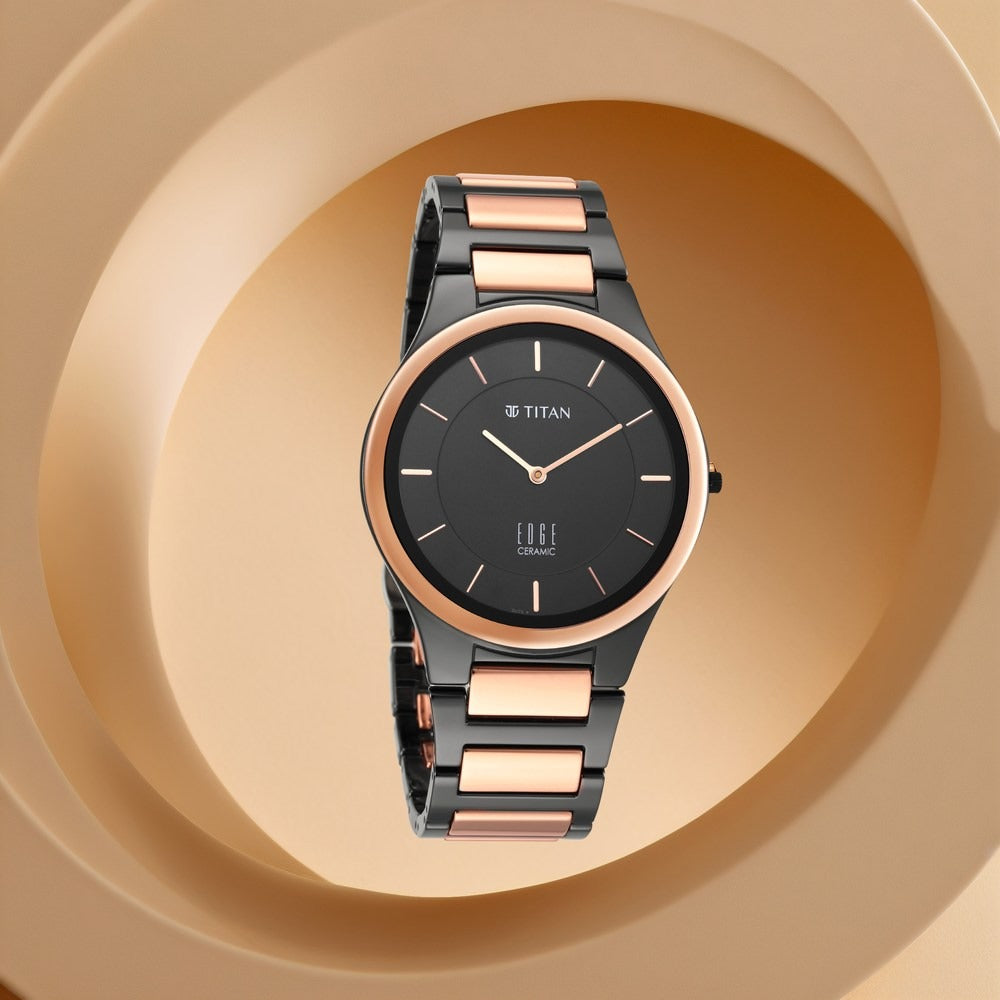 Titan Edge Ceramic 40.5mm Black Dial Sapphire Crystal Black and Rose Gold Ceramic Bracelet Men&