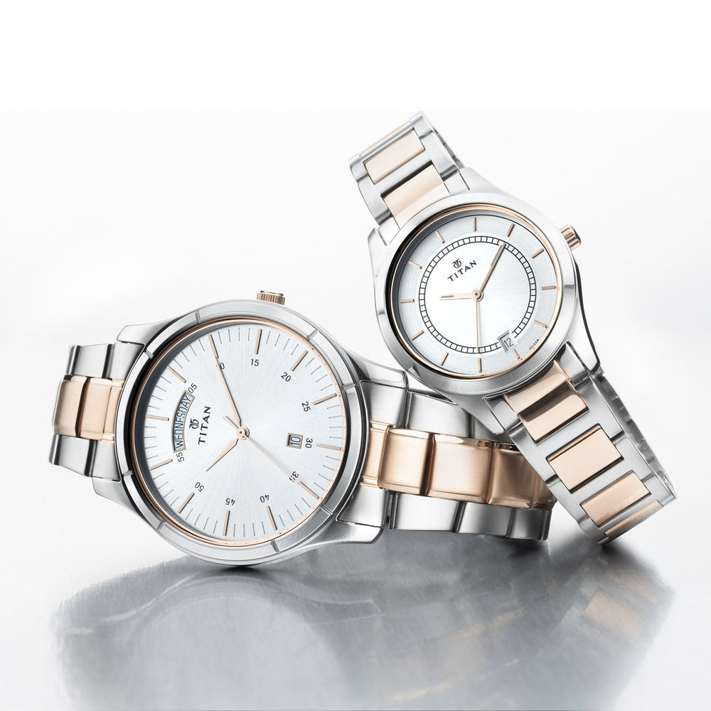 Titan Bandhan Couple Gift Set 40mm Silver Dial Date Rose Gold Two-Tone Stainless Steel Bracelet 17672596KM01