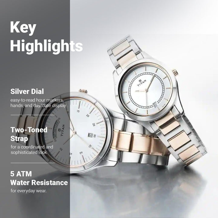 Titan Bandhan Couple Gift Set 40mm Silver Dial Date Rose Gold Two-Tone Stainless Steel Bracelet 17672596KM01