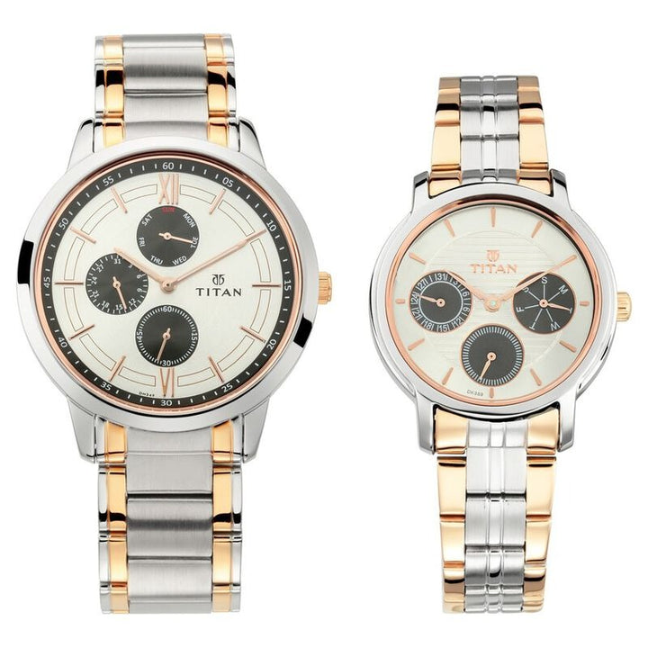 Titan Bandhan Couple Gift Set 41mm Silver Dial Multifunction Rose Gold Two-Tone Stainless Steel Bracelet 17692589KM01