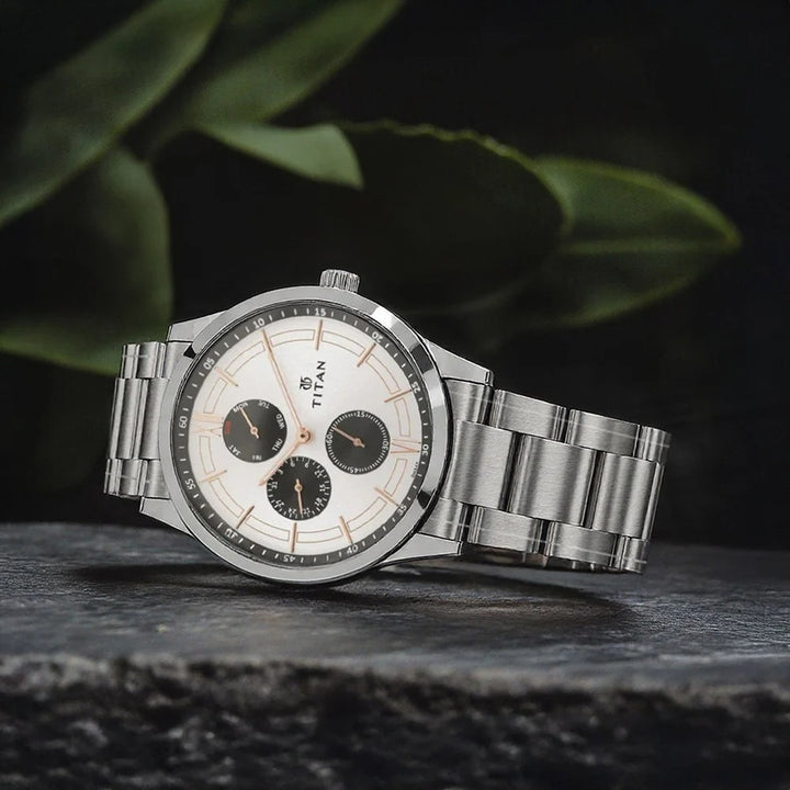 Titan Workwear 41mm White Dial Multifunction Silver Stainless Steel Bracelet Men&