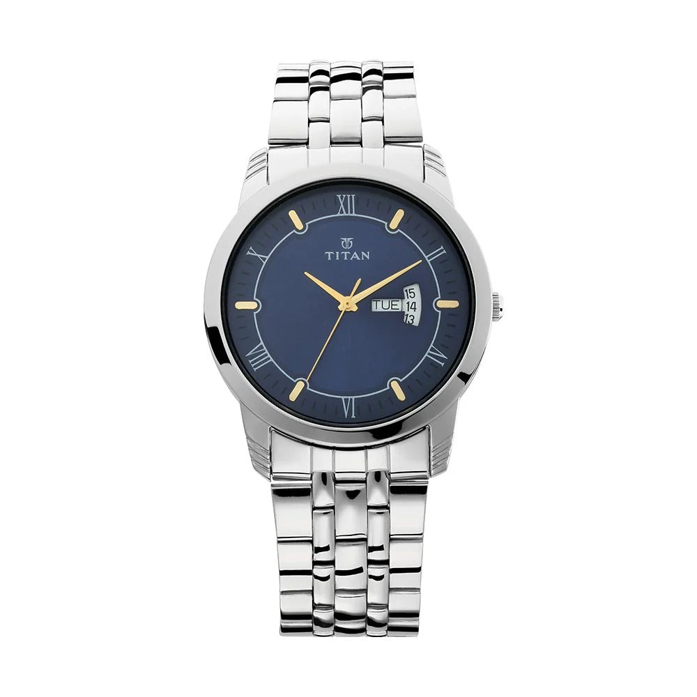 Titan Karishma 42mm Blue Dial Day Date Silver Stainless Steel Bracelet Men&