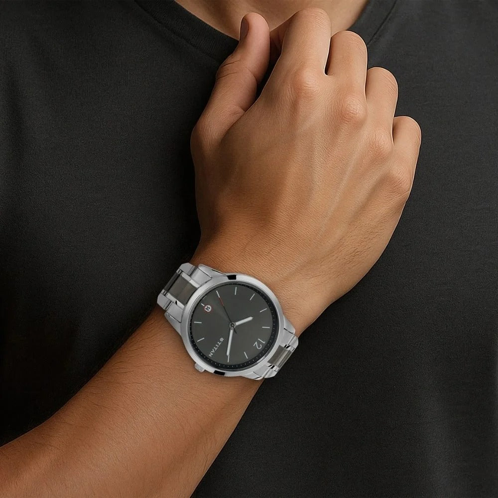 Titan Workwear 42mm Anthracite Dial Date Silver Stainless Steel Bracelet Men&