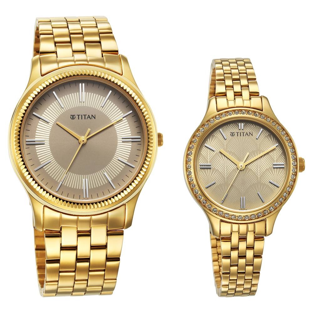 Titan Karishma Bandhan Couple Gift Set Champagne Dial Gold Stainless Steel Bracelet 18242712YM01