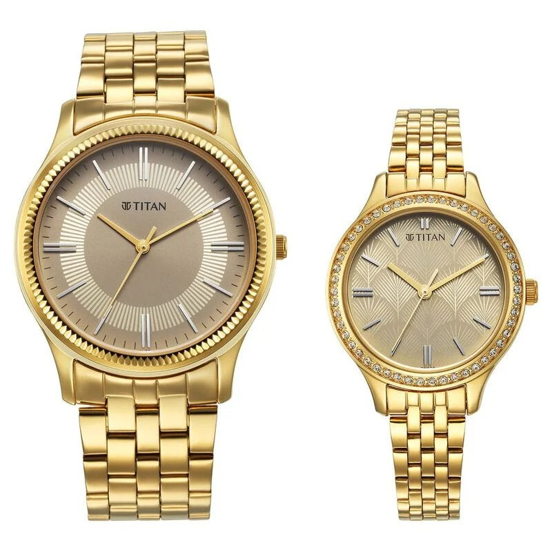 Titan Karishma Bandhan Couple Gift Set Champagne Dial Gold Stainless Steel Bracelet 18242712YM01