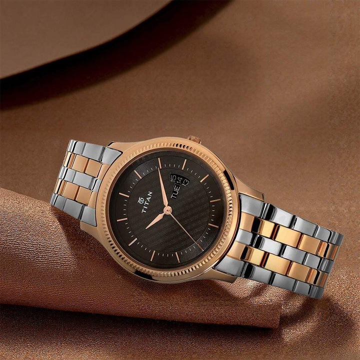 Titan Karishma 40mm Brown Dial Day Date Silver Stainless Steel Bracelet Men&
