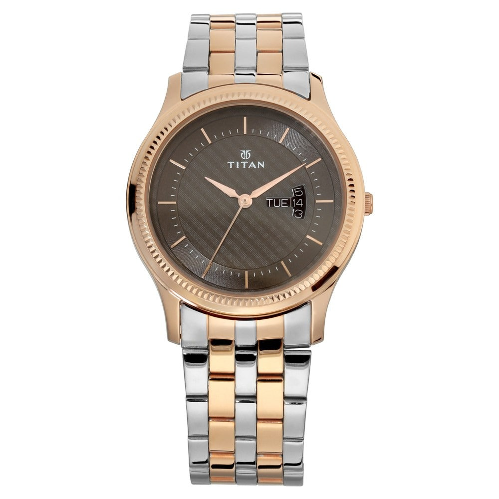 Titan Karishma 40mm Brown Dial Day Date Silver Stainless Steel Bracelet Men&