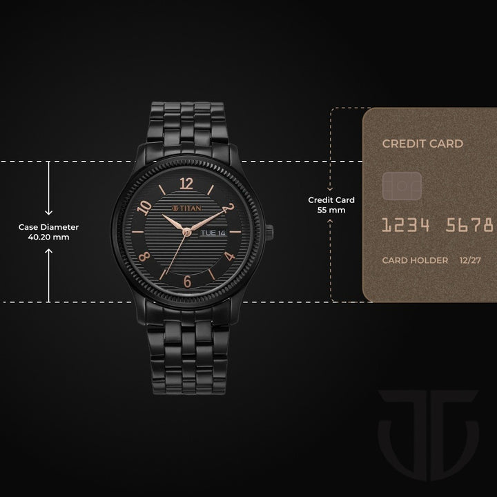 Titan Karishma 40mm Black Dial Day Date Black Stainless Steel Bracelet Men&
