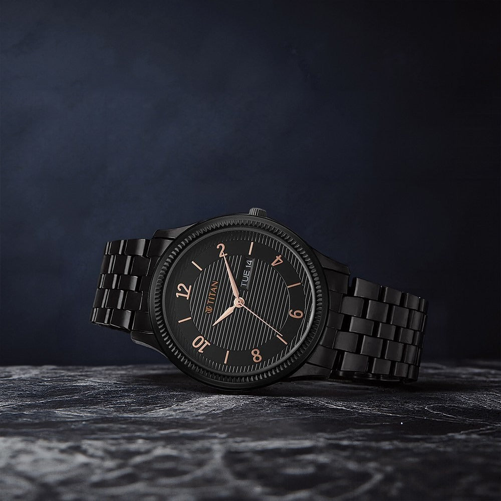 Titan Karishma 40mm Black Dial Day Date Black Stainless Steel Bracelet Men&