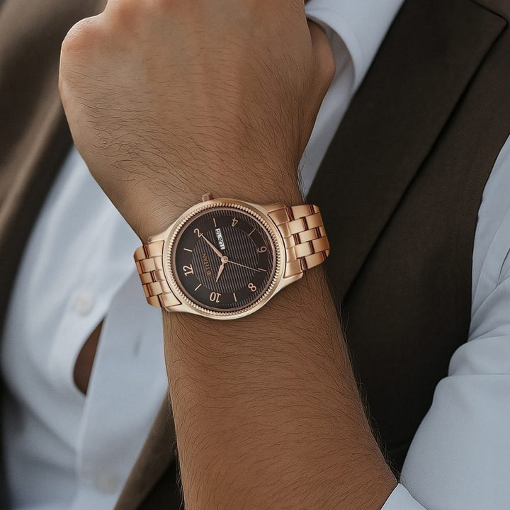 Titan Karishma 40mm Brown Dial Day Date Rose Gold Stainless Steel Bracelet Men&