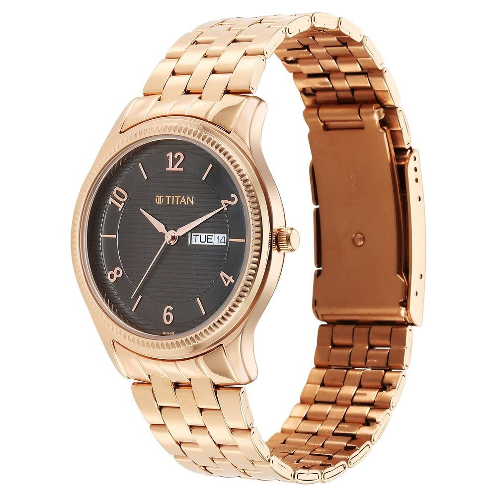 Titan Karishma 40mm Brown Dial Day Date Rose Gold Stainless Steel Bracelet Men&