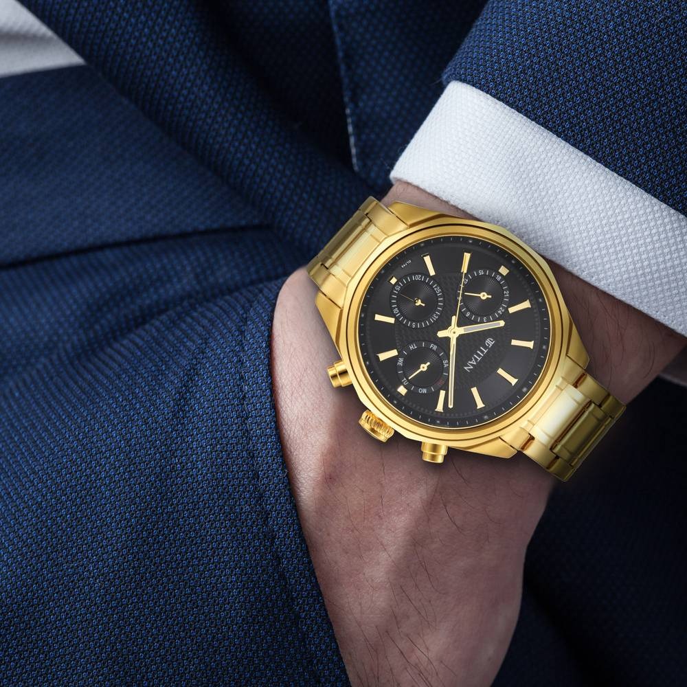 Titan Regalia Opulent 42.5mm Black Dial Multifunction Gold Stainless Steel Bracelet Men&