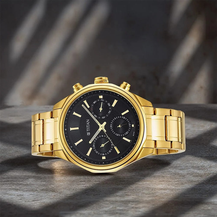 Titan Regalia Opulent 42.5mm Black Dial Multifunction Gold Stainless Steel Bracelet Men&