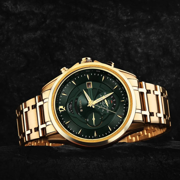 Titan Regalia 45.6mm Forest Green Dial Chronograph Gold Stainless Steel Bracelet Men&