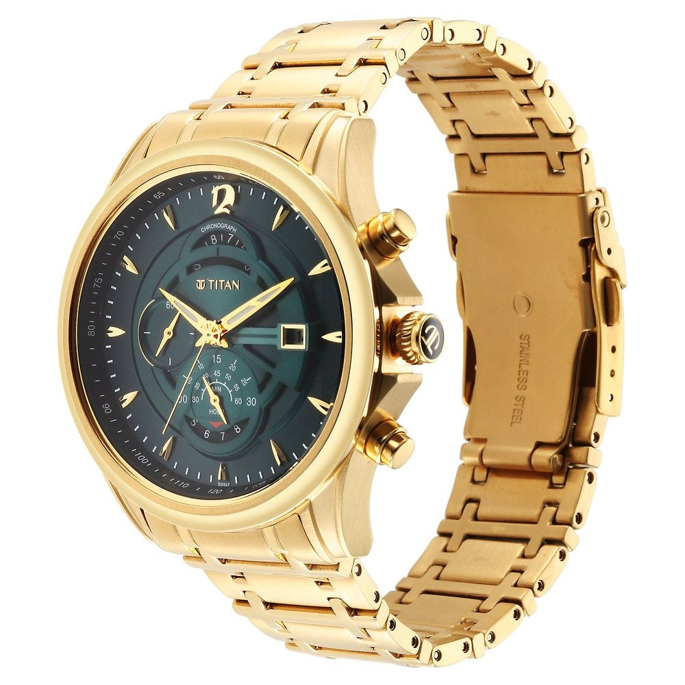 Titan Regalia 45.6mm Forest Green Dial Chronograph Gold Stainless Steel Bracelet Men&