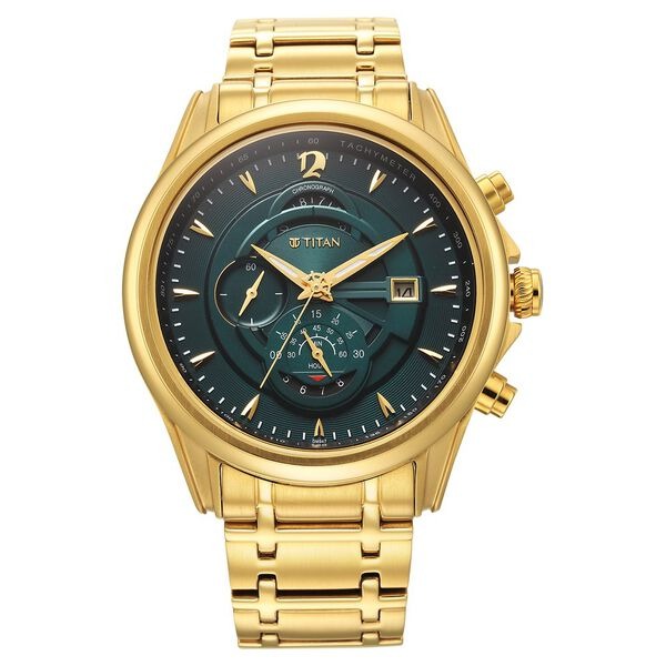 Titan Regalia 45.6mm Forest Green Dial Chronograph Gold Stainless Steel Bracelet Men&