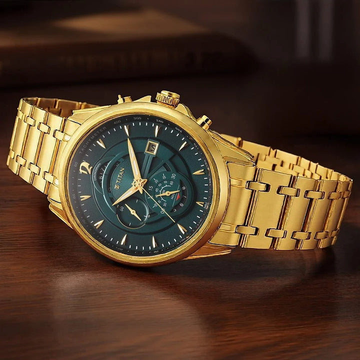 Titan Regalia 45.6mm Forest Green Dial Chronograph Gold Stainless Steel Bracelet Men&