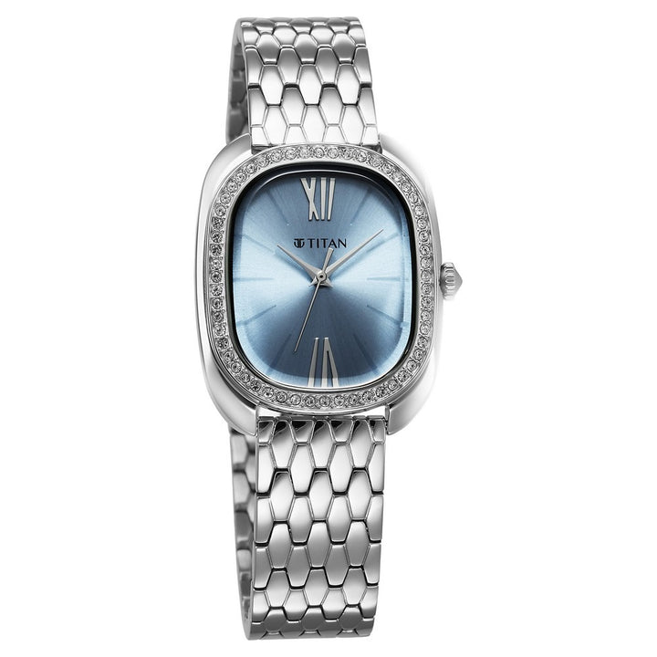 Titan Purple Glamour Blue Dial Silver Bracelet Women&