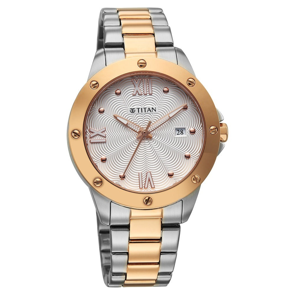 Titan Purple Oro Time White Dial Two-Tone Date Women&