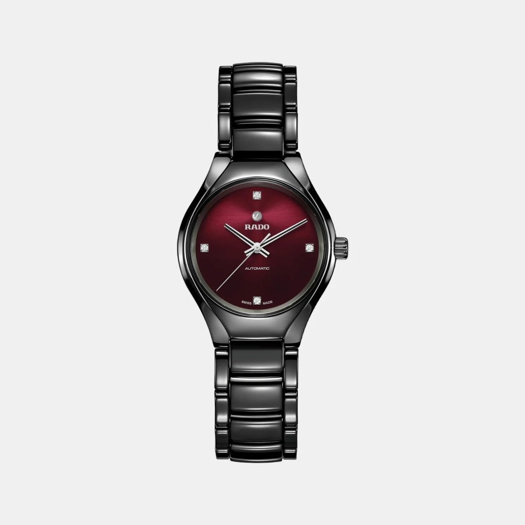 Rado True Round 30mm Black Ceramic Red Diamond Dial Automatic Ladies Watch (R27242742)