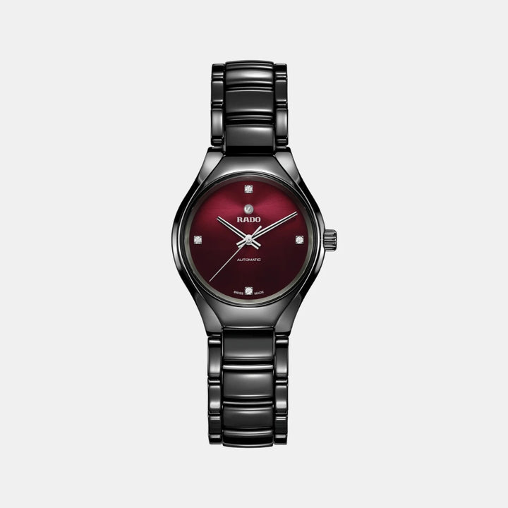 Rado True Round 30mm Black Ceramic Red Diamond Dial Automatic Ladies Watch (R27242742)