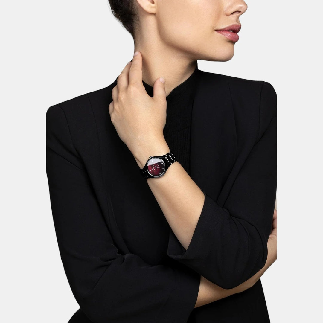 Rado True Round 30mm Black Ceramic Red Diamond Dial Automatic Ladies Watch (R27242742)