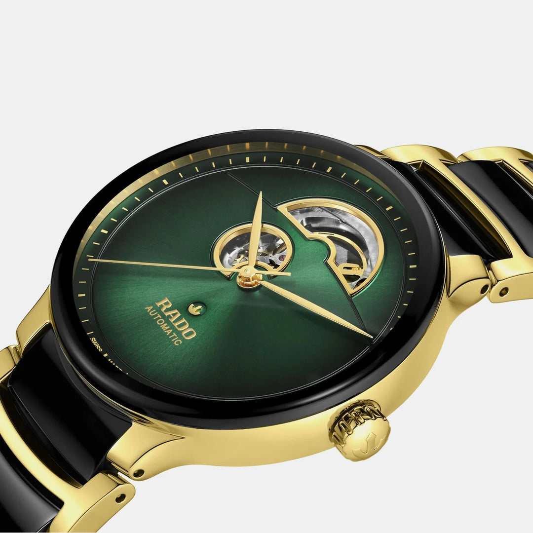 Rado Centrix 39.5mm Green Gradient Open Heart Automatic Watch Yellow Gold (R30008302)