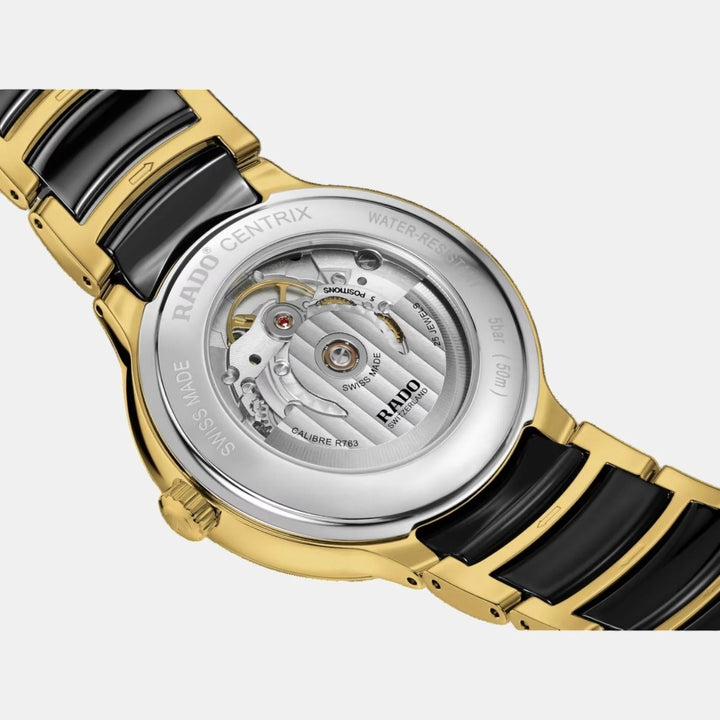 Rado Centrix 39.5mm Black Sunray 12 Diamond Dial Yellow Gold Automatic Watch (R30008742)
