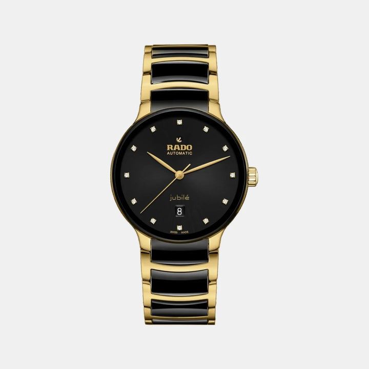Rado Centrix 39.5mm Black Sunray 12 Diamond Dial Yellow Gold Automatic Watch (R30008742)