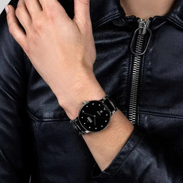 Rado Centrix 39.5mm Black Sunray 12 Diamond Dial Steel Ceramic Automatic Watch (R30018742)