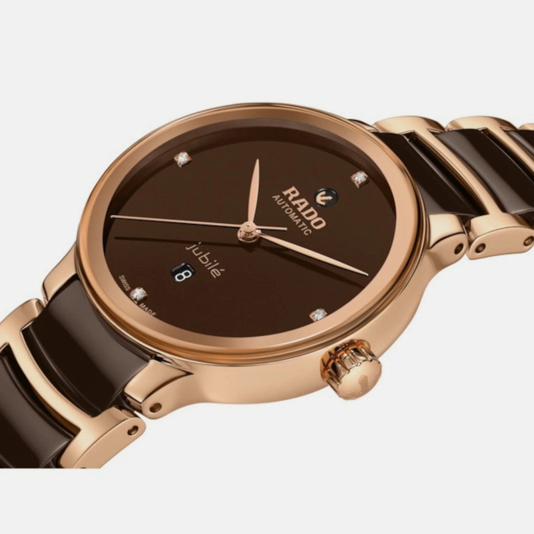 Rado Centrix 30.5mm Brown Diamond Dial Rose Gold Ladies Automatic Watch (R30019712)
