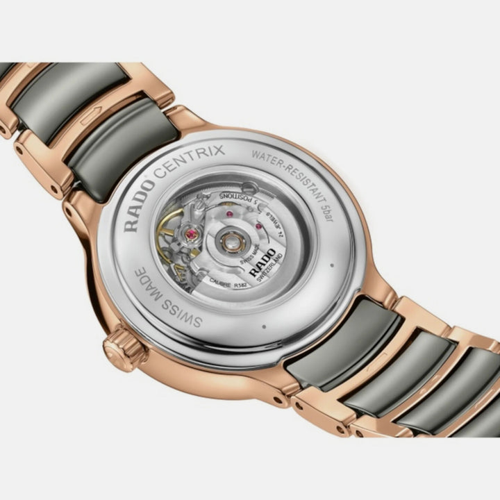 Rado Centrix 30.5mm Silver Diamond Dial Rose Gold Plasma Ceramic Ladies Automatic Watch (R30019722)