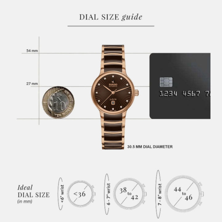 Rado Centrix 30.5mm Brown Faceted 12 Diamond Dial Rose Gold Ladies Automatic Watch (R30019732)