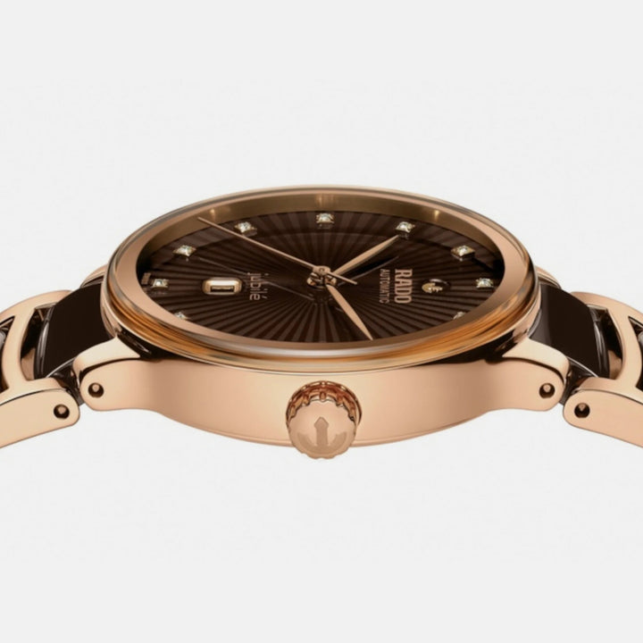 Rado Centrix 30.5mm Brown Faceted 12 Diamond Dial Rose Gold Ladies Automatic Watch (R30019732)