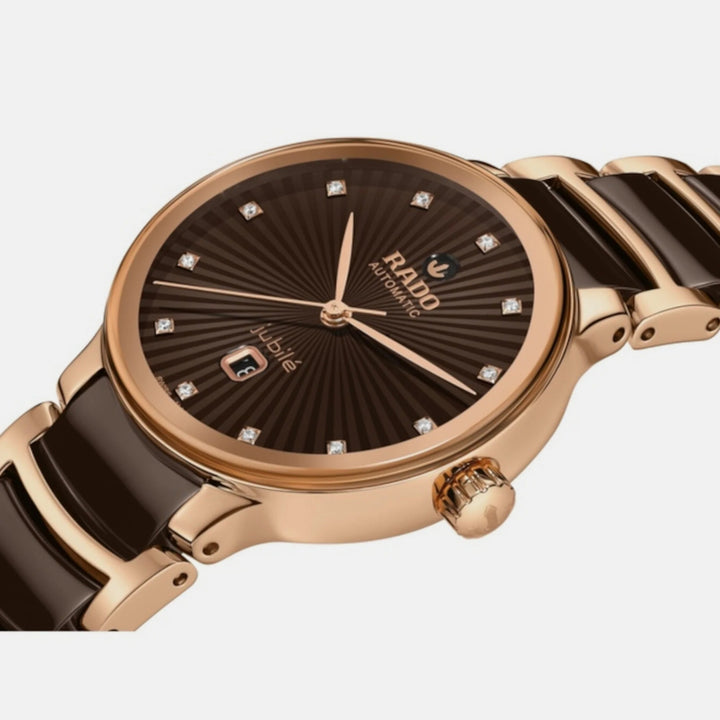 Rado Centrix 30.5mm Brown Faceted 12 Diamond Dial Rose Gold Ladies Automatic Watch (R30019732)