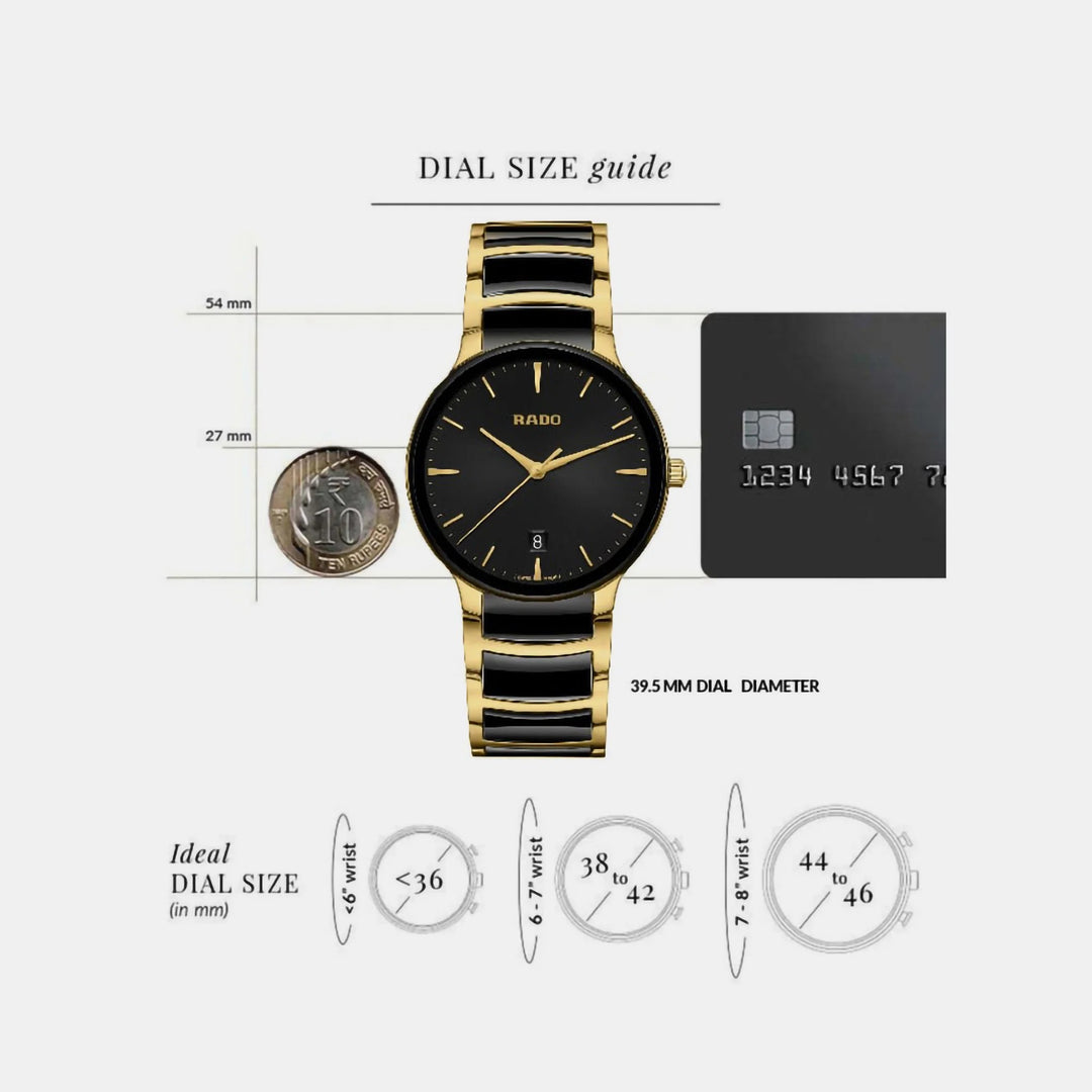 Rado Centrix 39.5mm Black Sunray Dial Yellow Gold Ceramic Quartz Watch (R30022152)