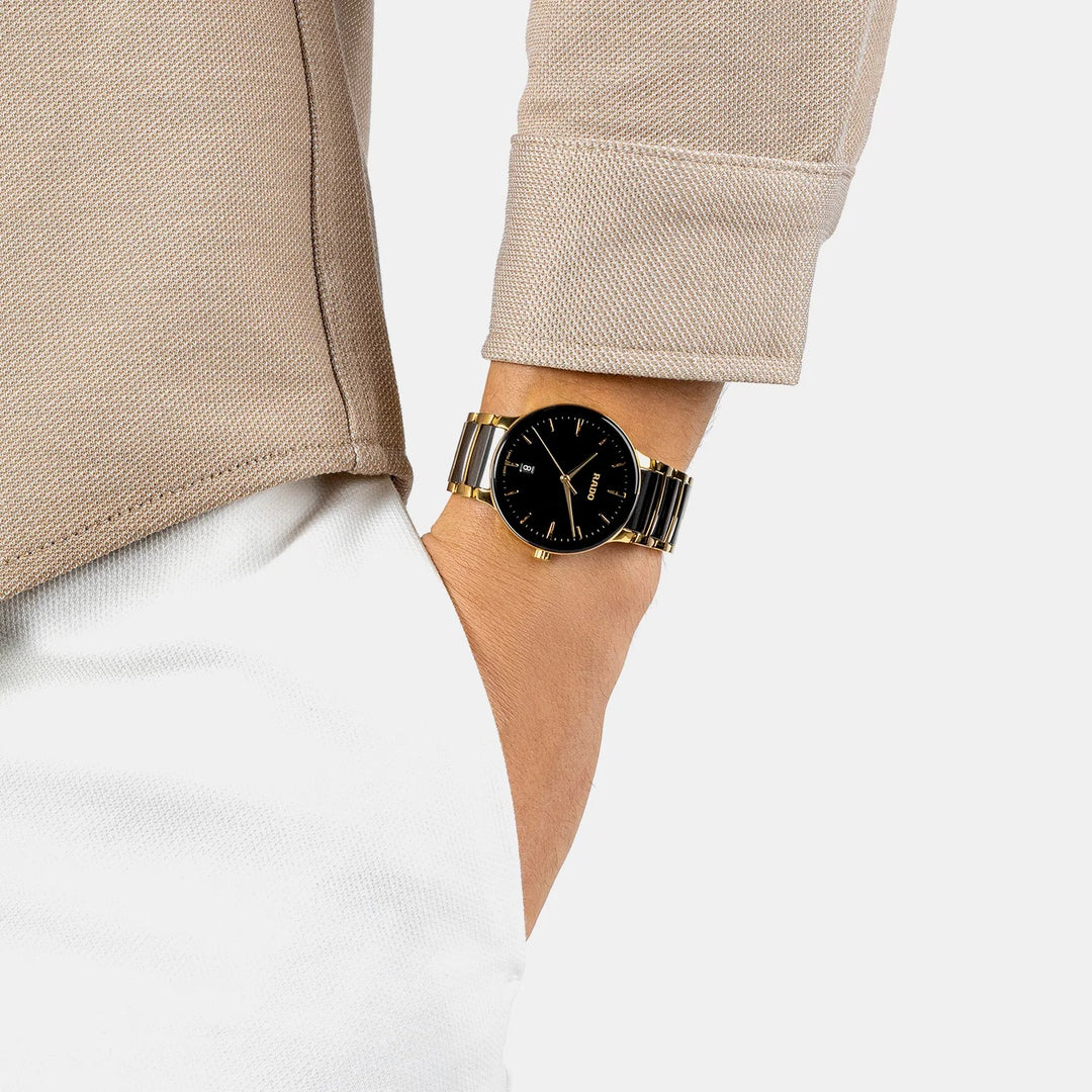 Rado Centrix 39.5mm Black Sunray Dial Yellow Gold Ceramic Quartz Watch (R30022152)
