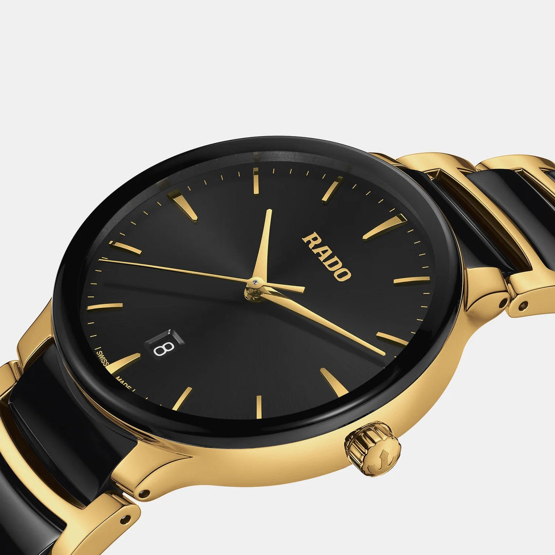 Rado Centrix 39.5mm Black Sunray Dial Yellow Gold Ceramic Quartz Watch (R30022152)