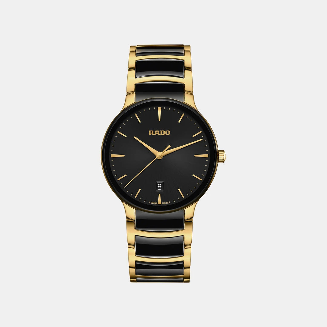 Rado Centrix 39.5mm Black Sunray Dial Yellow Gold Ceramic Quartz Watch (R30022152)