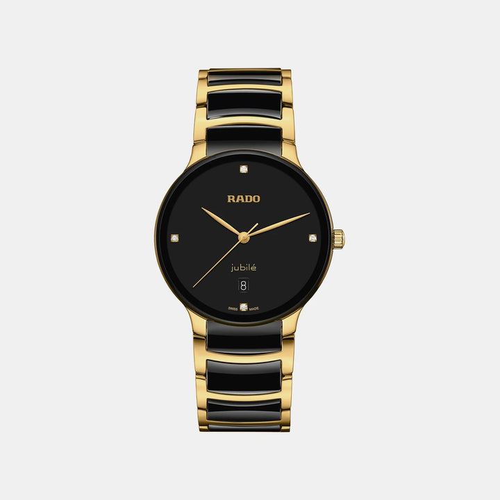 Rado Centrix 39.5mm Black Diamond Dial Yellow Gold Ceramic Quartz Watch (R30022712)