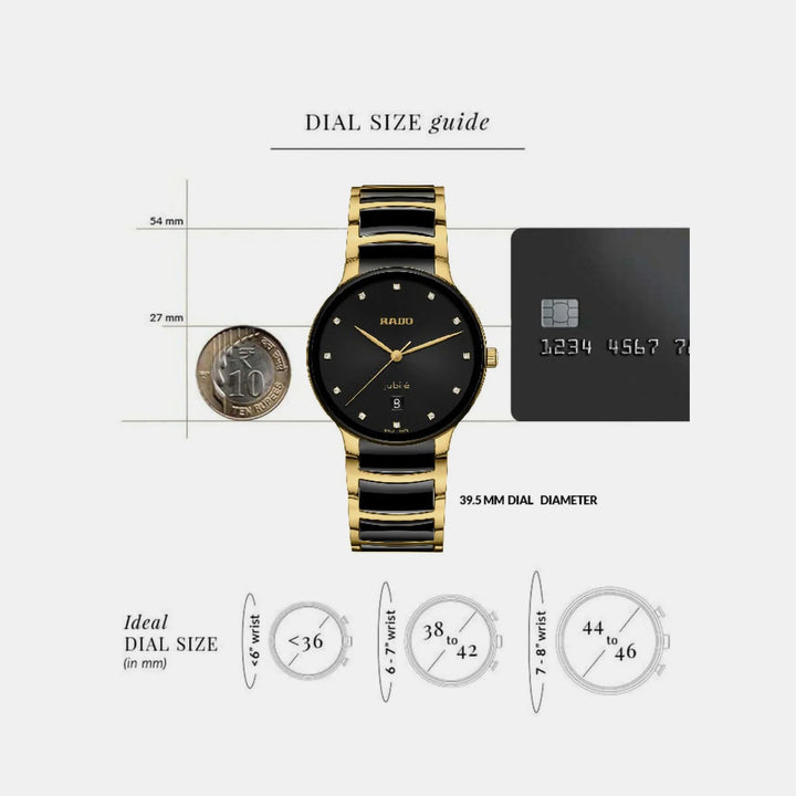 Rado Centrix 39.5mm Black Sunray 12 Diamond Yellow Gold Ceramic Quartz Watch (R30022742)