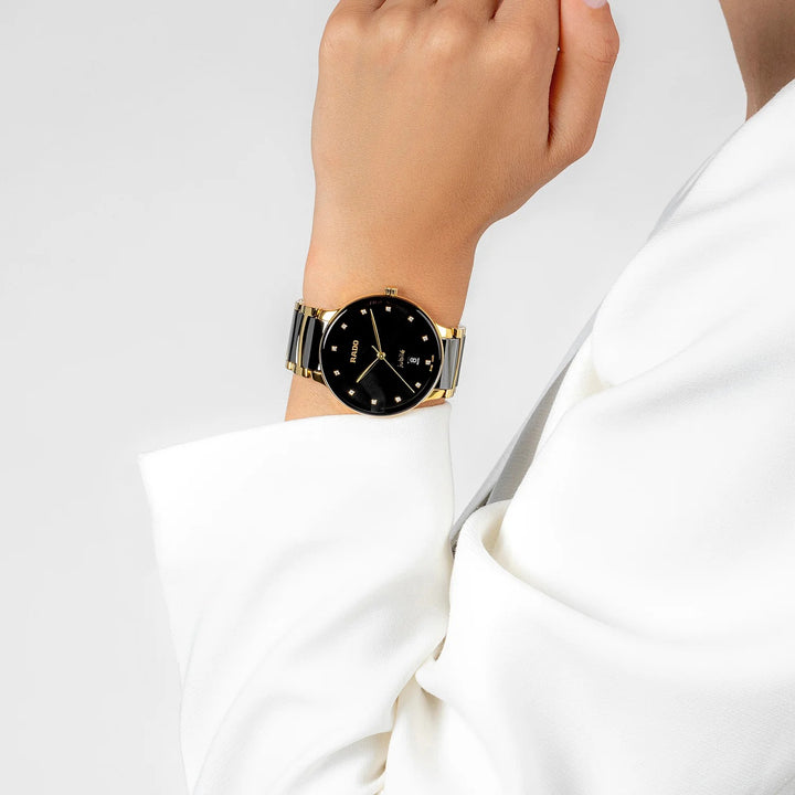 Rado Centrix 39.5mm Black Sunray 12 Diamond Yellow Gold Ceramic Quartz Watch (R30022742)