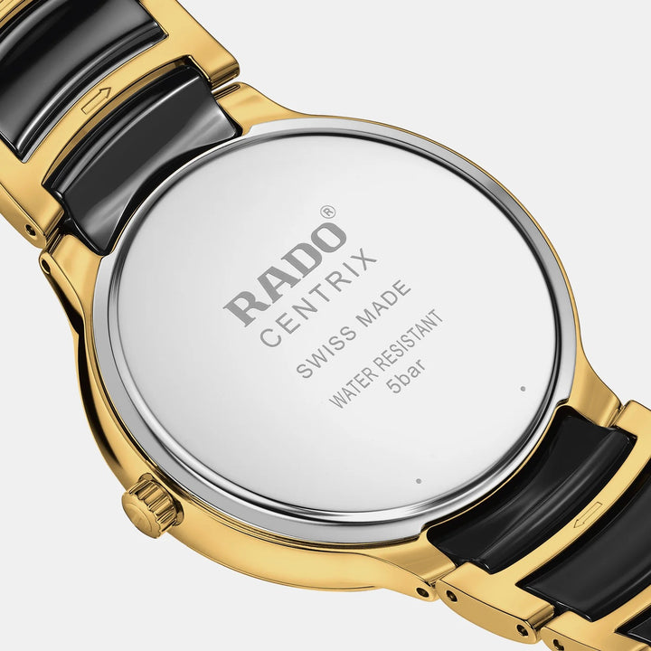 Rado Centrix 39.5mm Black Sunray 12 Diamond Yellow Gold Ceramic Quartz Watch (R30022742)
