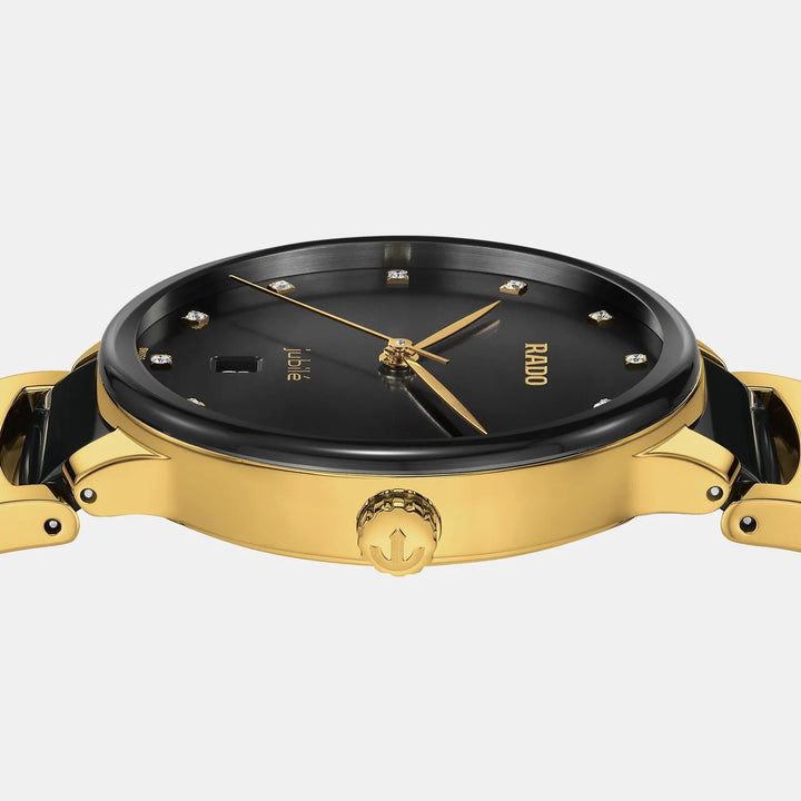 Rado Centrix 39.5mm Black Sunray 12 Diamond Yellow Gold Ceramic Quartz Watch (R30022742)