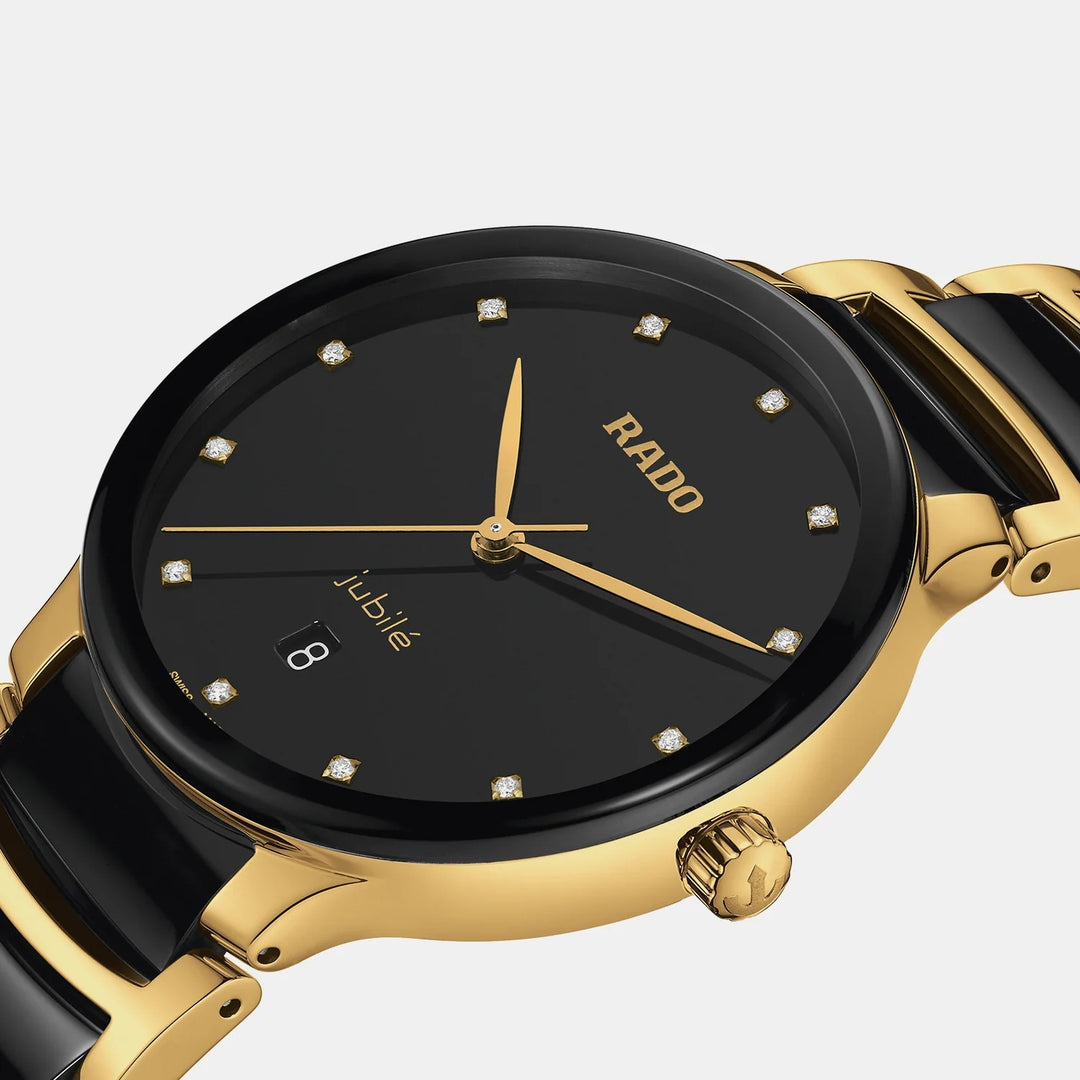 Rado Centrix 39.5mm Black Sunray 12 Diamond Yellow Gold Ceramic Quartz Watch (R30022742)